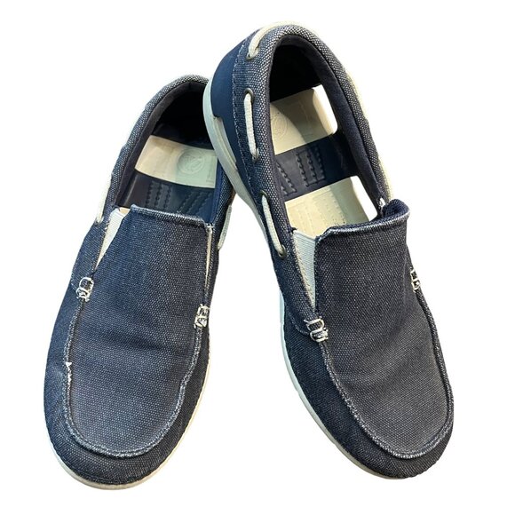 CROCS Beach Line Canvas Boat Shoes Men's Size 8 Navy Stucco Color 202774 Slip On - Picture 1 of 9